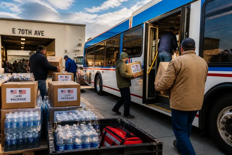 Denver businesses and volunteers load a bus to help wildfire victims with 1,500 care packages