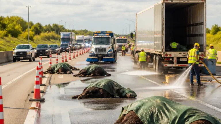 Fargo I‑94 lane blocked after semi hauling bison remains spills load in construction zone