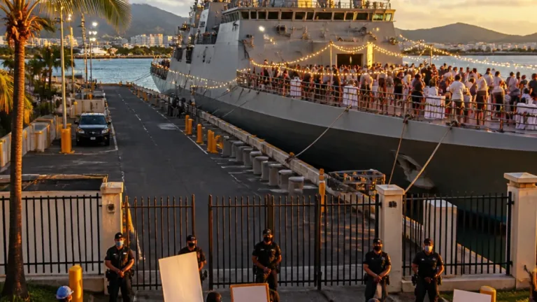 Filipino community celebrates aboard Philippine ship at Pearl Harbor as protesters rally outside