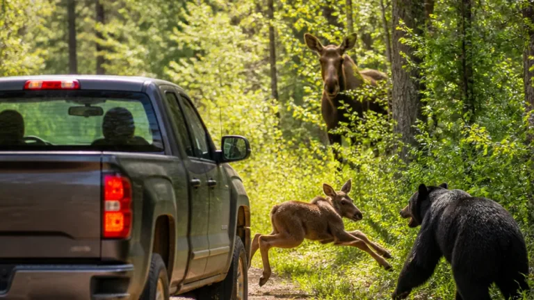 Lincoln couple drives between bear and moose calf, helps calf escape in Telos Township