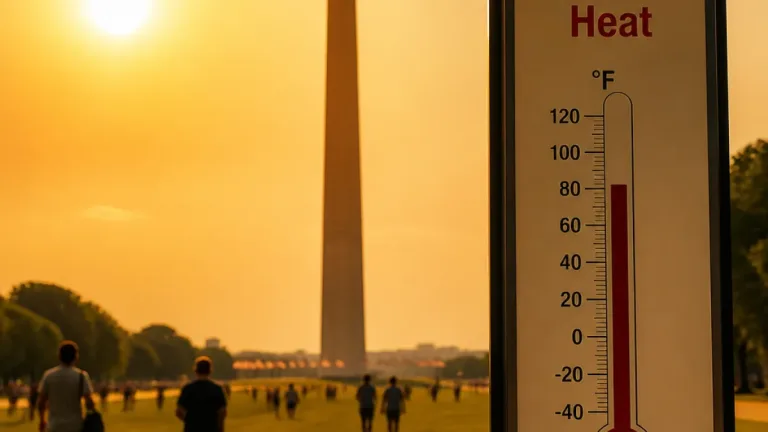 Sunrise at the Washington Monument framed against an extreme-heat backdrop